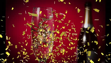animation of falling confetti over glass of champagne on red background