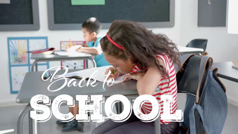 back to school text over children studying in classroom
