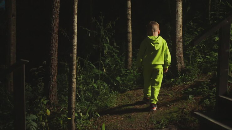 любопытный маленький мальчик в ярком тренажерном костюме уходит один в лес. ребёнок уходит в вечерние кустарники со лестницы дома в поисках приключений.
