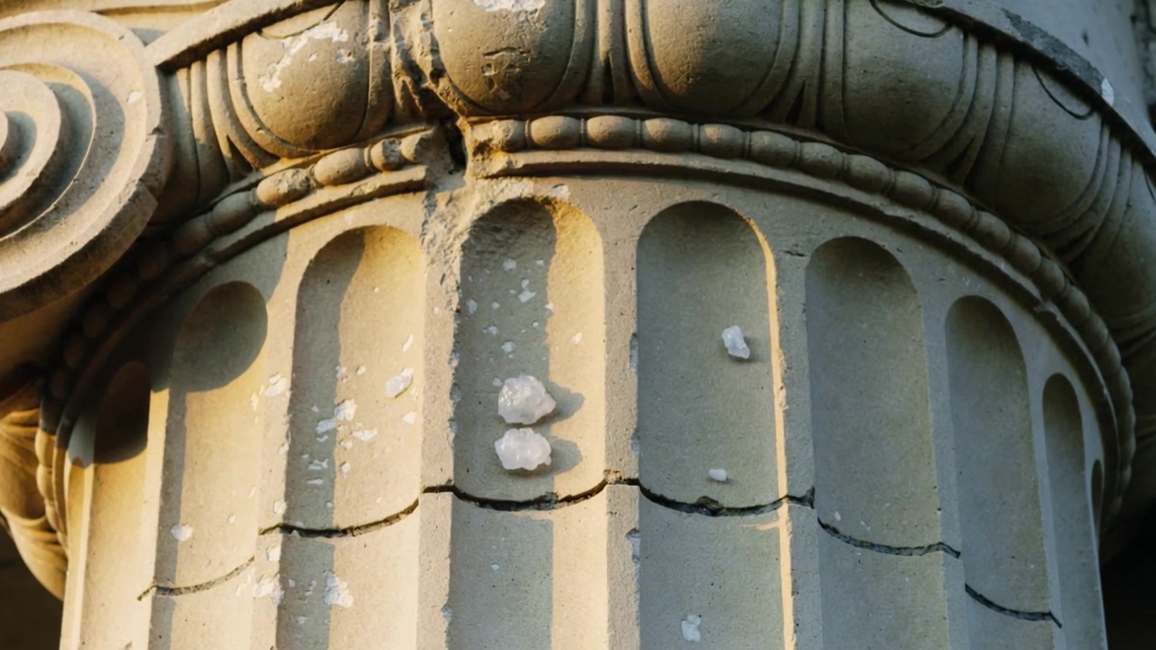 Shedding fluted column shaft and capital on facade, fragments shifting in sunlight from decay