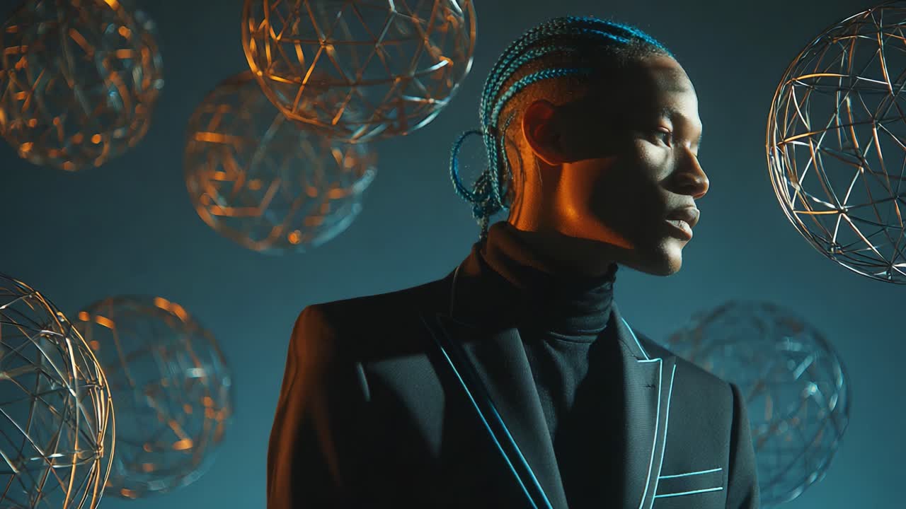 A captivating portrayal of a stylish individual with intricate braided hair, standing confidently amidst a backdrop of glowing geometric shapes, showcasing a blend of modern fashion and artistic lighting