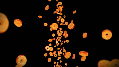 volando muchas rosquillas planas en fondo negro. pastel de rosquillas, dulces, postre. animación en 3d de la rotación de las rosquillas. animación de bucle.