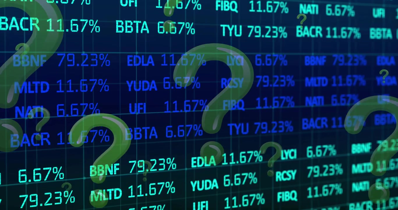 Animation of question mark symbols, grid pattern and trading board over abstract background