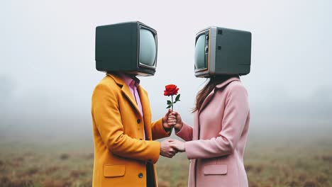 couple with tv heads giving a rose