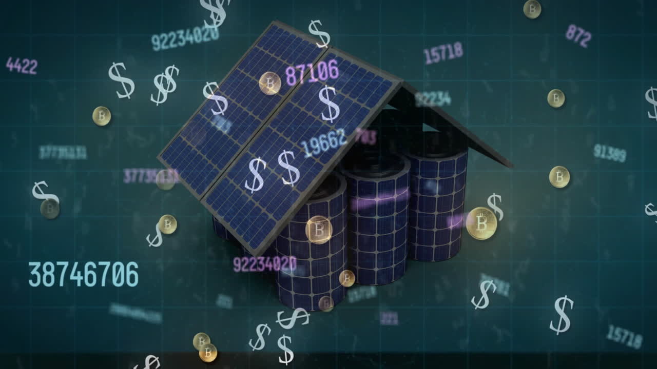 데이터 프로세싱의 애니메이션 달러와 태양 패널의 집