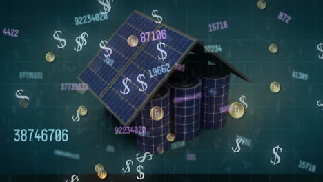 animation of data processing over dollars and house of solar panels