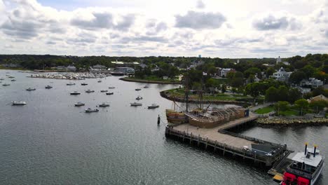 mayflower replica harbored in massachusetts, drone shot