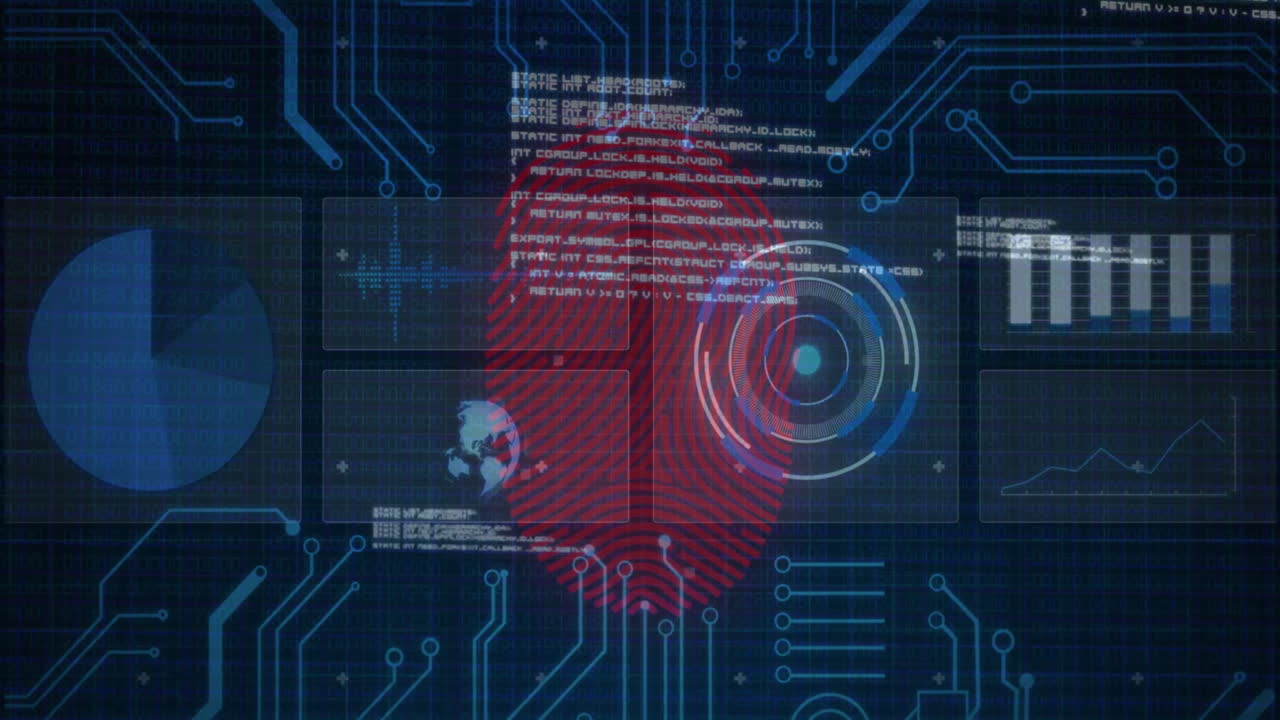Fingerprint scanning and data processing animation over digital circuit ...
