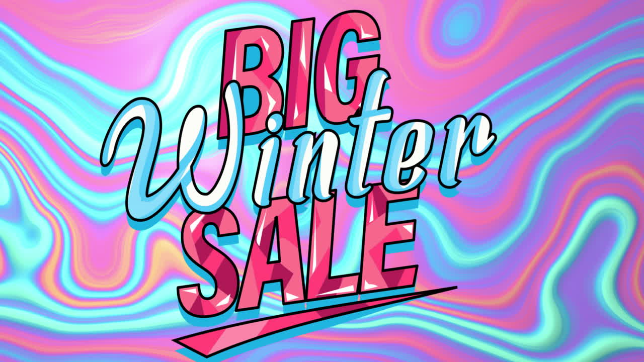 다채로운 액체 배경 위에 큰 겨울 판매 텍스트의 애니메이션