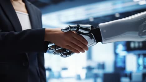 a pioneering encounter: a robotic hand extends to a human as they embrace the future of technology and interaction in a modern environment