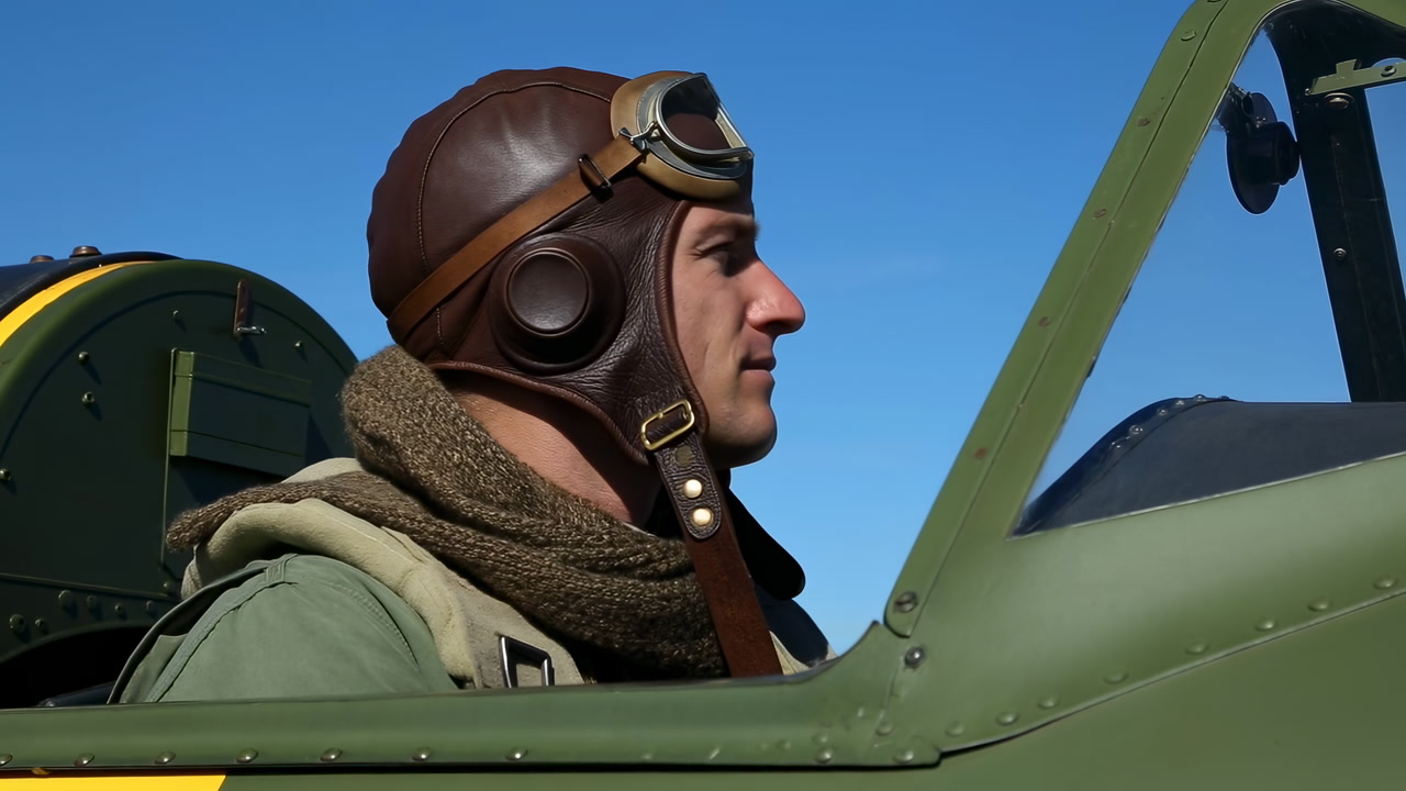 Vintage Biplane Cockpit Male Pilot Gazing Ahead, Leather Helmet With Goggles, Fur Collar And Green Fuselage