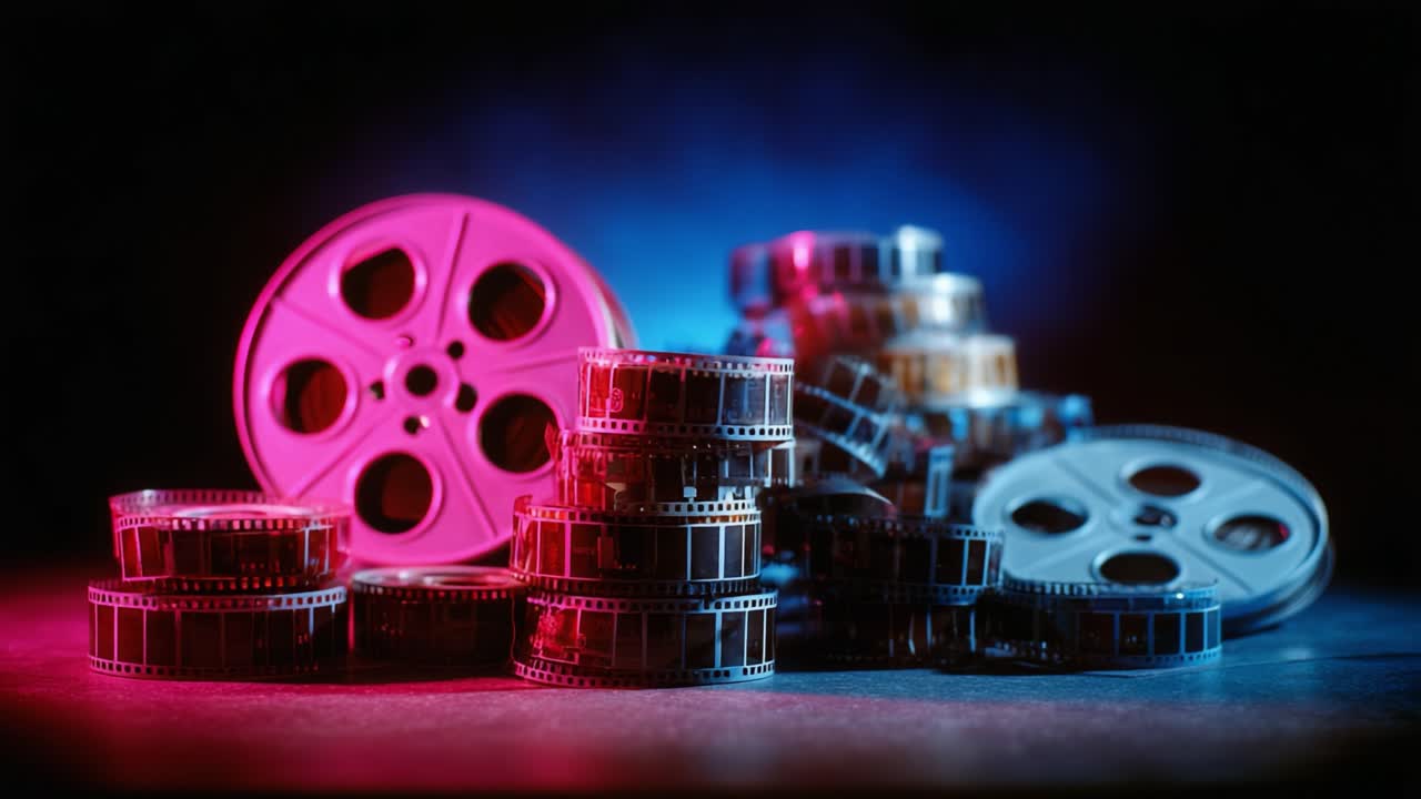 A Captivating Display of Vintage Film Rolls and Reels in Vibrant Lighting, Capturing the Essence of Cinematic History and Artistry in Every Frame