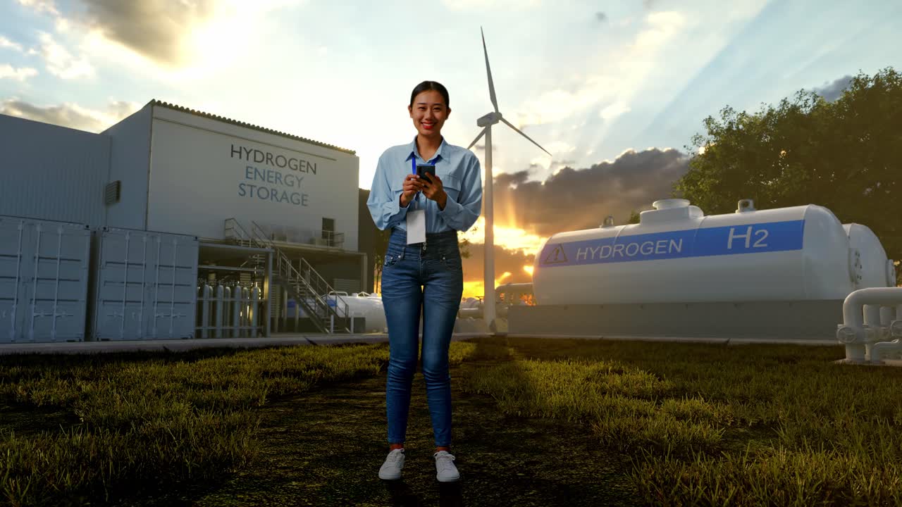 Donna in un impianto di stoccaggio di energia a idrogeno