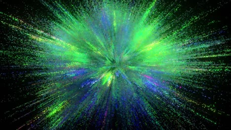 an explosion of colors on a dark background. blue green color. multicolored particles. 3d animation of a seamless loop.