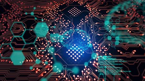 Animation of integrated circuit and scientific data on black background