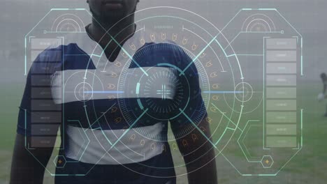 animation of digital interface with safe lock rotating over rugby players