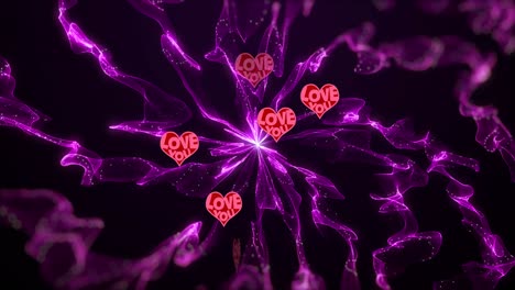 Animation-of-hearts-floating-over-black-background-with-purple-waves