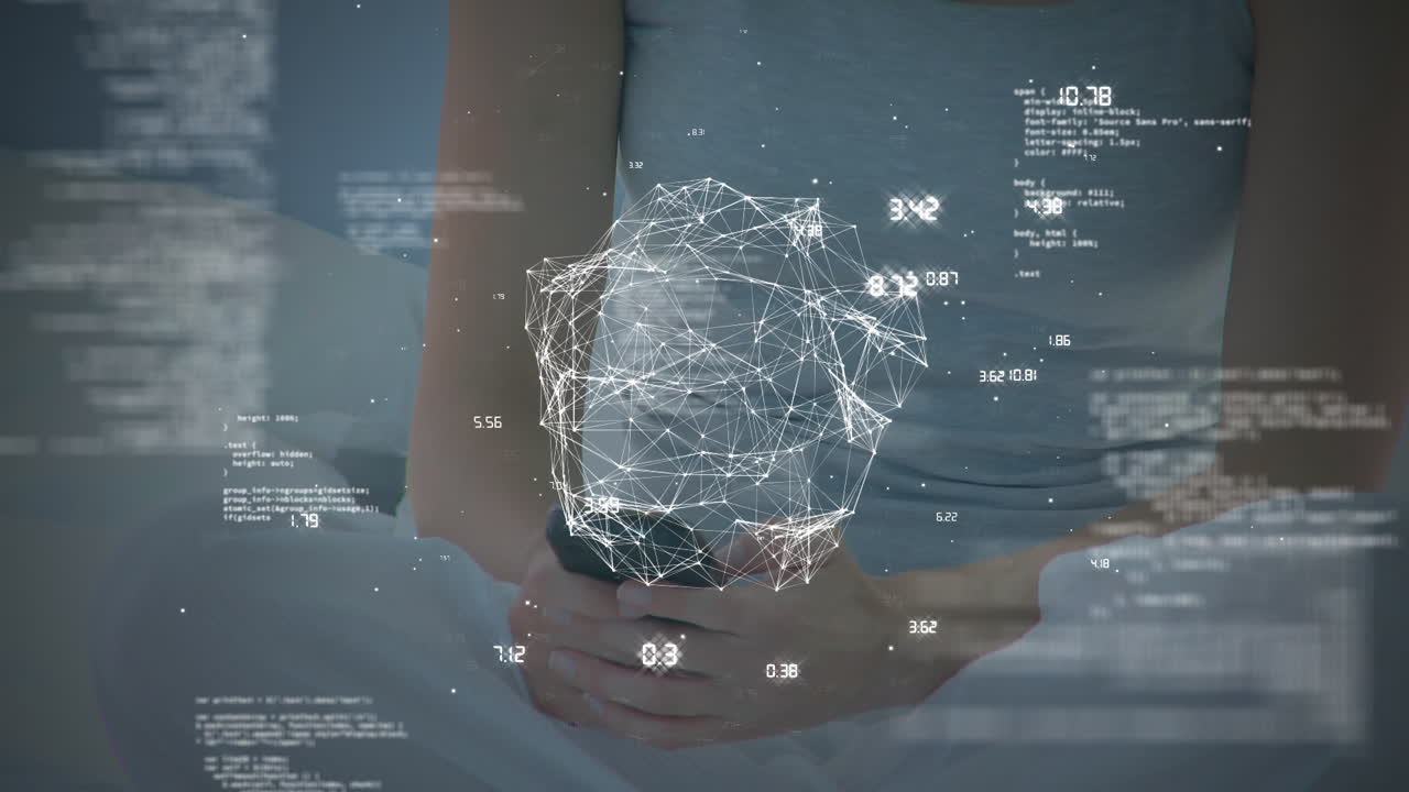 스마트 폰을 사용하는 백인 여성에 대한 금융 데이터 처리 애니메이션