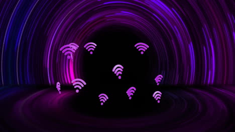 animation of wifi icons and neon light trails on black background