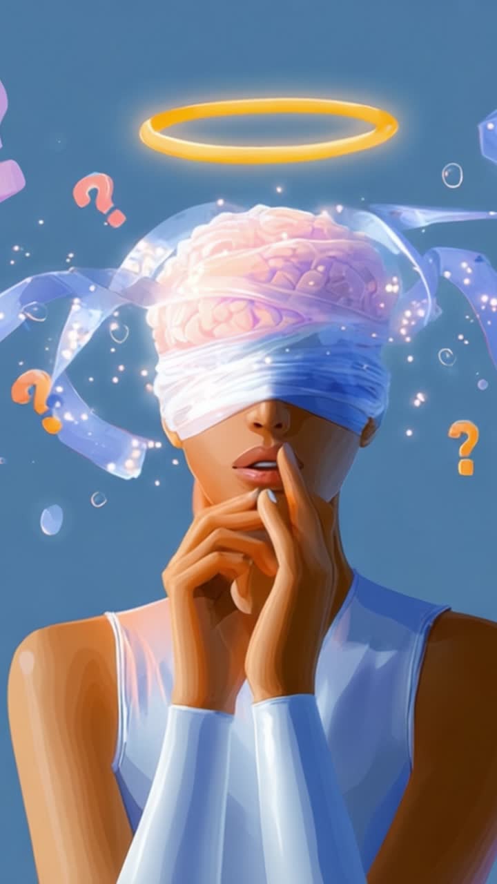Una rappresentazione surreale di una persona con la testa avvolta e un'aureola, che simboleggia contemplazione, mistero e pensieri interiori tra punti interrogativi fluttuanti