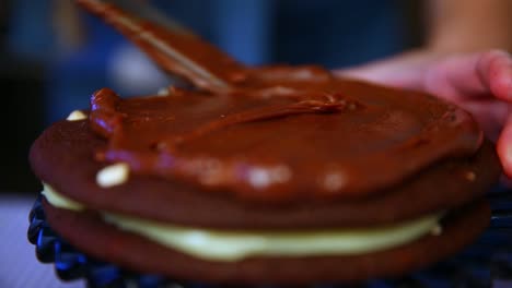 spreading chocolate frosting on a two-layered cake - close up isolated