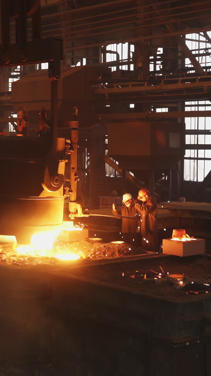 Workers pouring molten metal in a hot industrial foundry