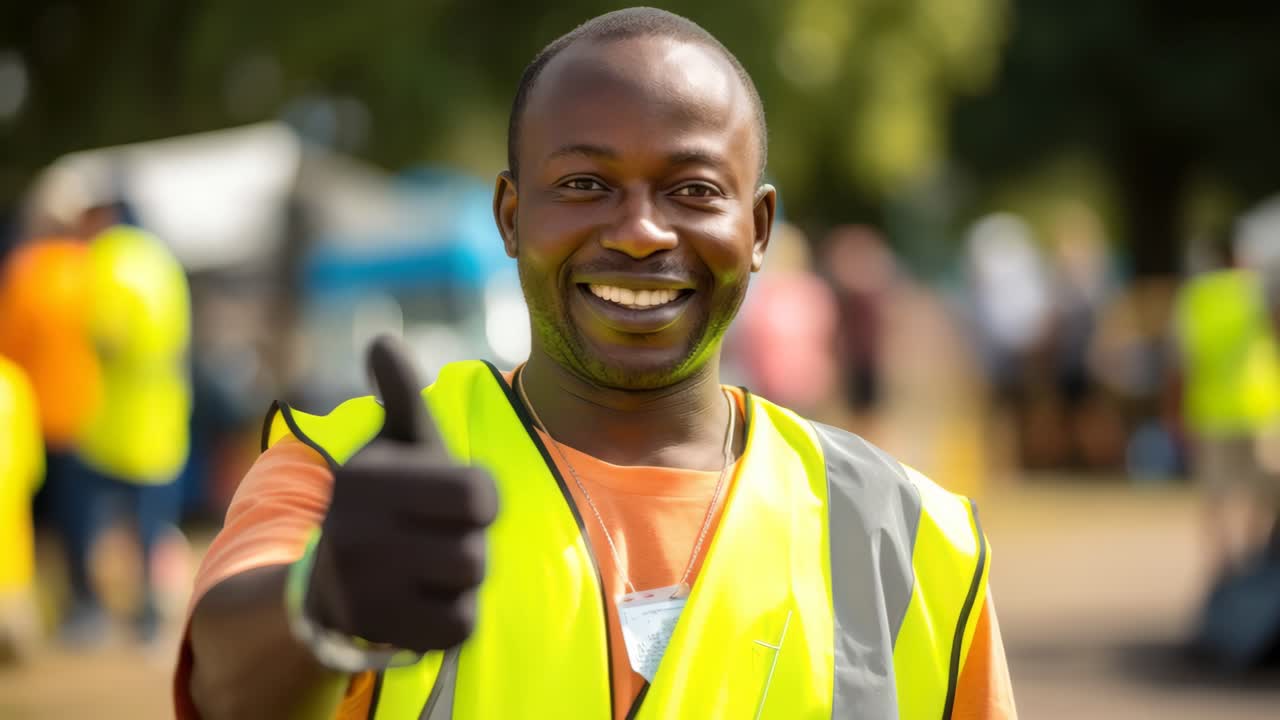 Cheerful worker in a safety vest gives a thumbs-up. Captured from a front angle, the video conveys