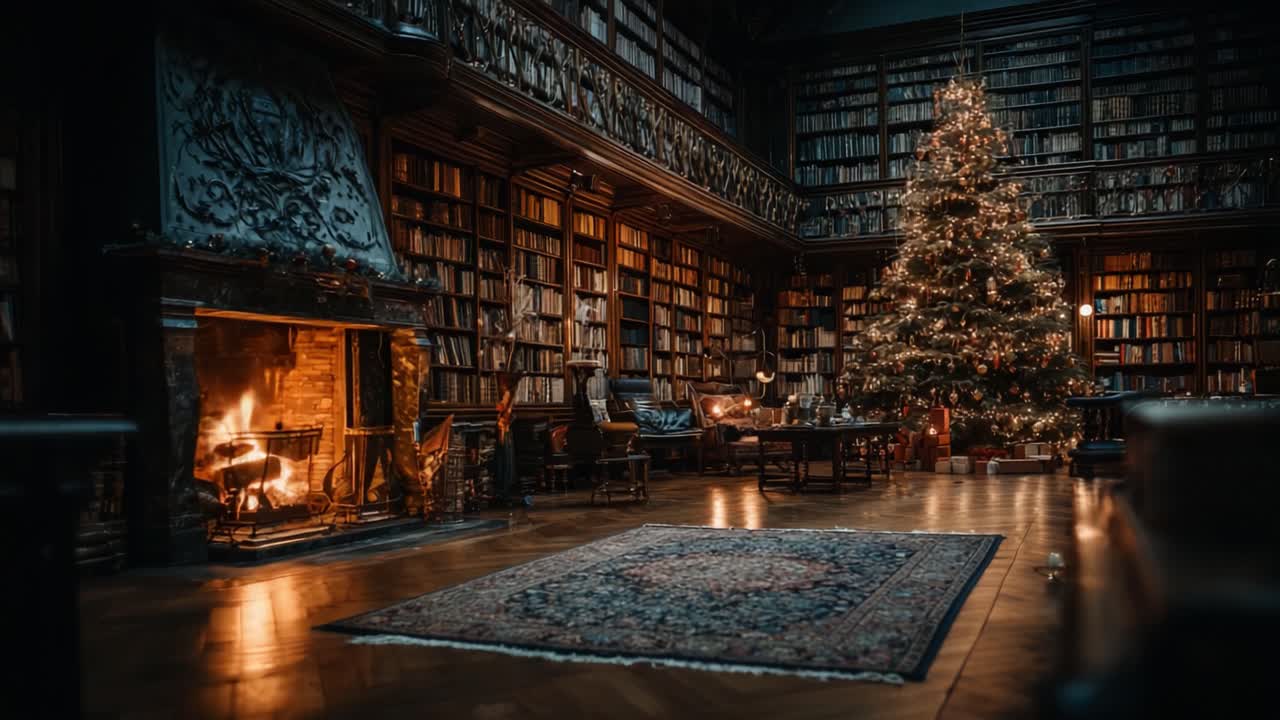 A Cozy Christmas Eve in a Grand Library: A Beautifully Decorated Tree, Flickering Fire, and Timeless Books Create a Magical Holiday Atmosphere
