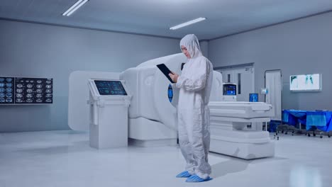 full body side view of asian male scientist using a tablet while standing with mri machine in the hospital