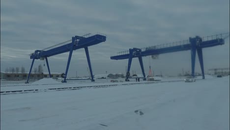 two blue harbor cranes in a snowy landscape