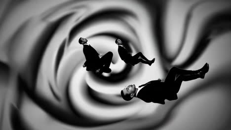men floating in a surreal black and white vortex