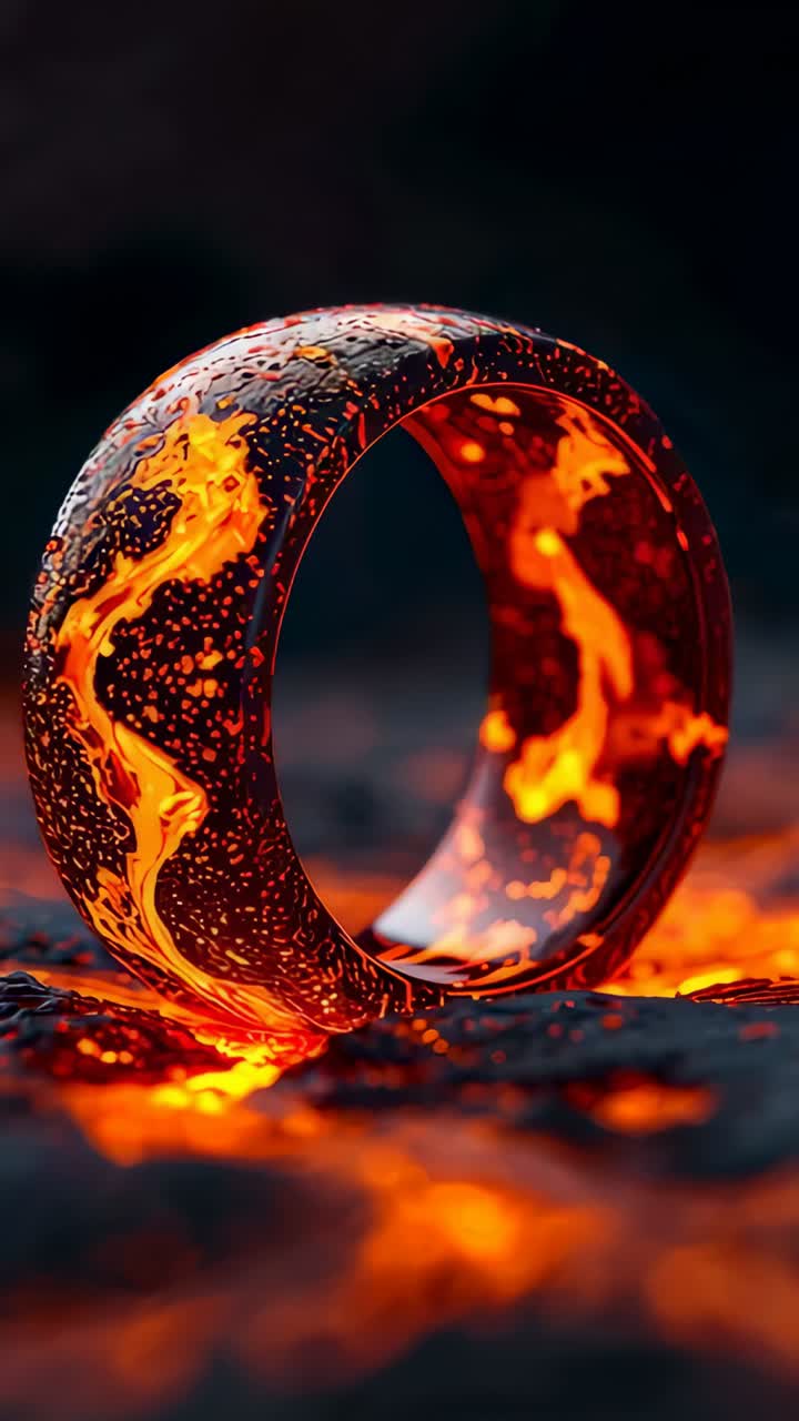 Vertical video: Animating ring, frames causing rotation and flaring molten veins on rocks, embers