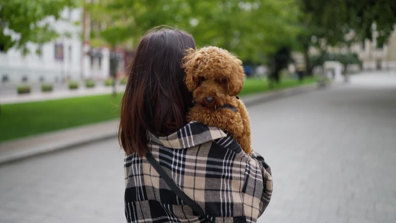 mujer sosteniendo un caniche en un parque