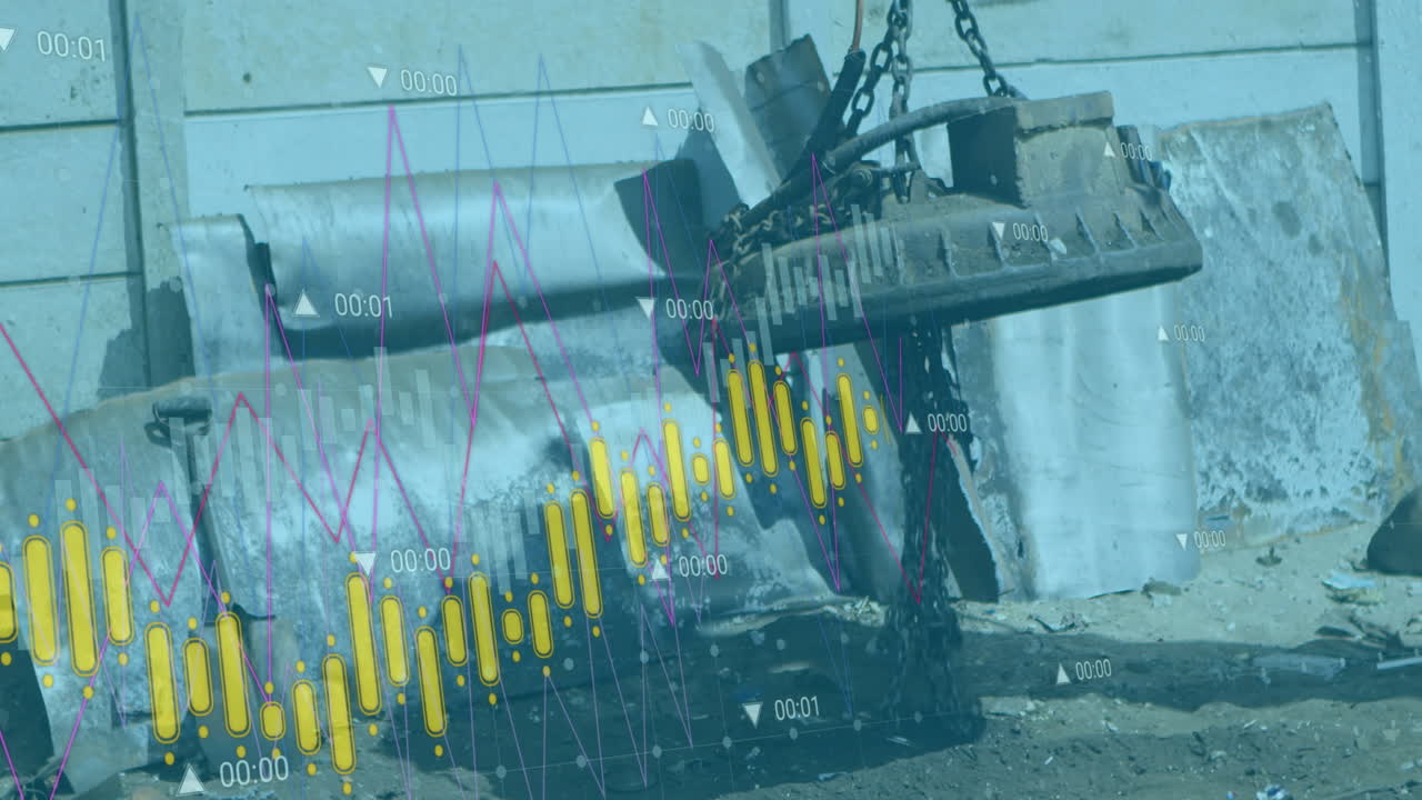 쓰레기 매립장에서 벽에 대항하여 자기 크레인 위로 이동하는 여러 그래프의 애니메이션