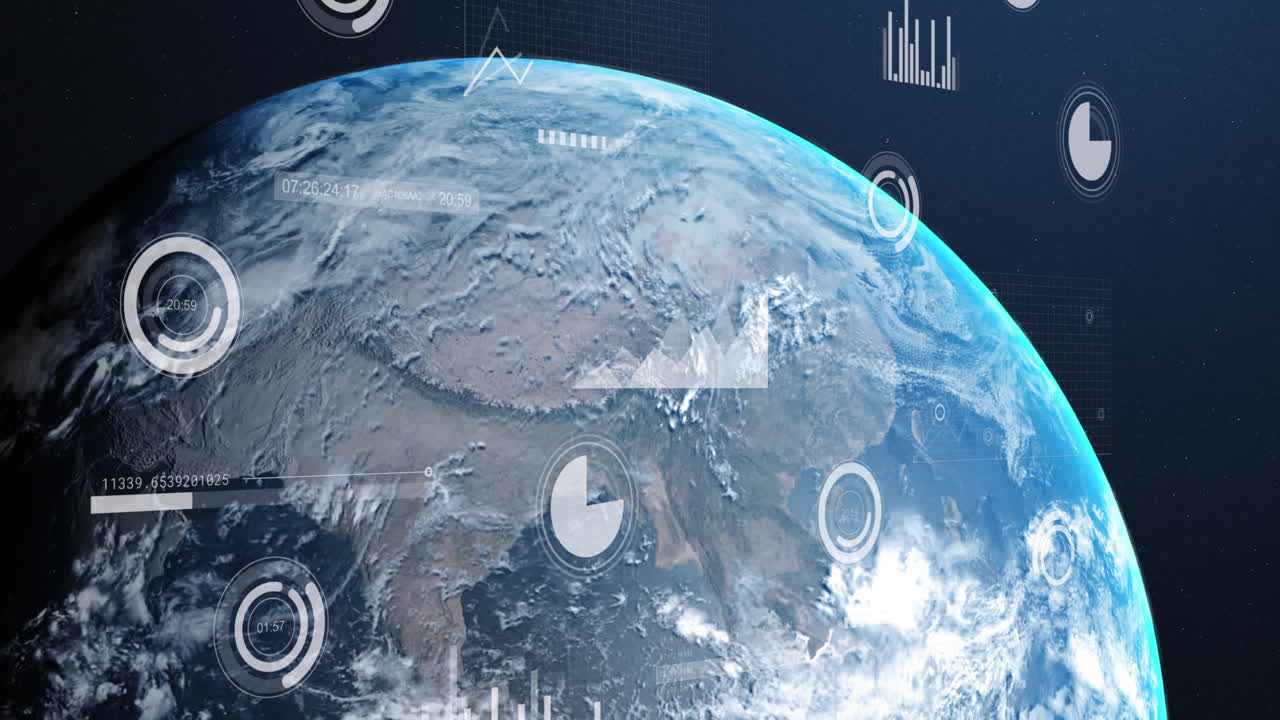 анимация интерфейса с обработкой статистических данных по земному шару на синем фоне