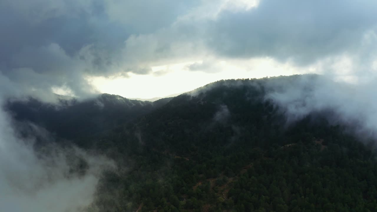 무인 항공기는 구름을 통해 소나무로 덮인 산 위로 날아갑니다.