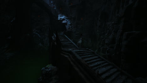 mysterious stone staircase illuminated by soft light in dark cave environment