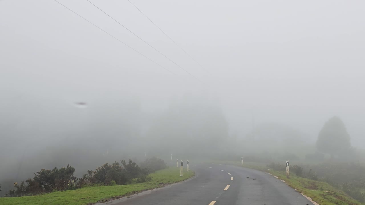 Névoa densa cobrindo estrada de montanha durante tempo tempestuoso na Madeira com baixa visibilidade, vento forte, atmosfera sombria e condições dramáticas criando imagens de viagem cinematográficas e tensas