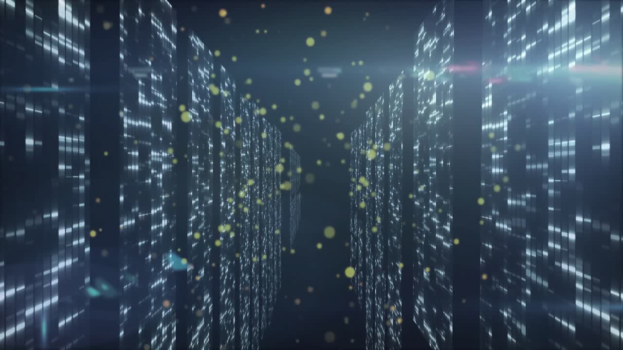 Camera moving down data tunnel, scrolling panels, drifting particles, sweeping flares showing depth