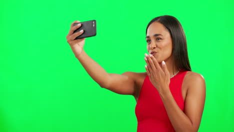 Woman,-green-screen-and-selfie-with-kiss