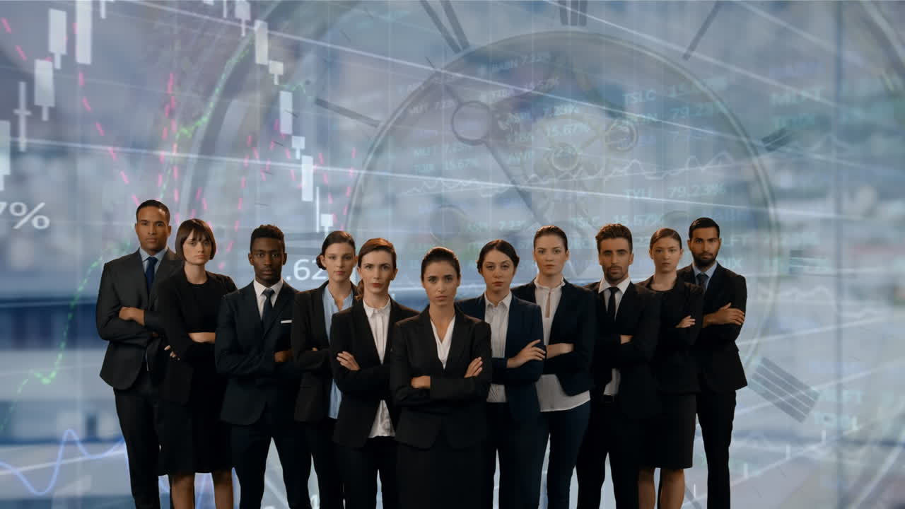 다양한 그래프와 시계의 애니메이션이 다양한 사업가들을 움직이고 있습니다.