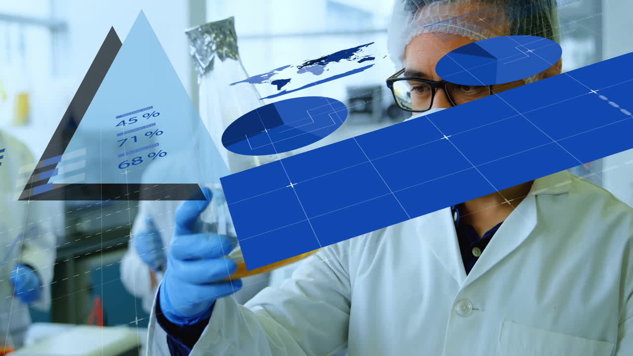 Scientist in lab coat working with data processing animation over laboratory scene