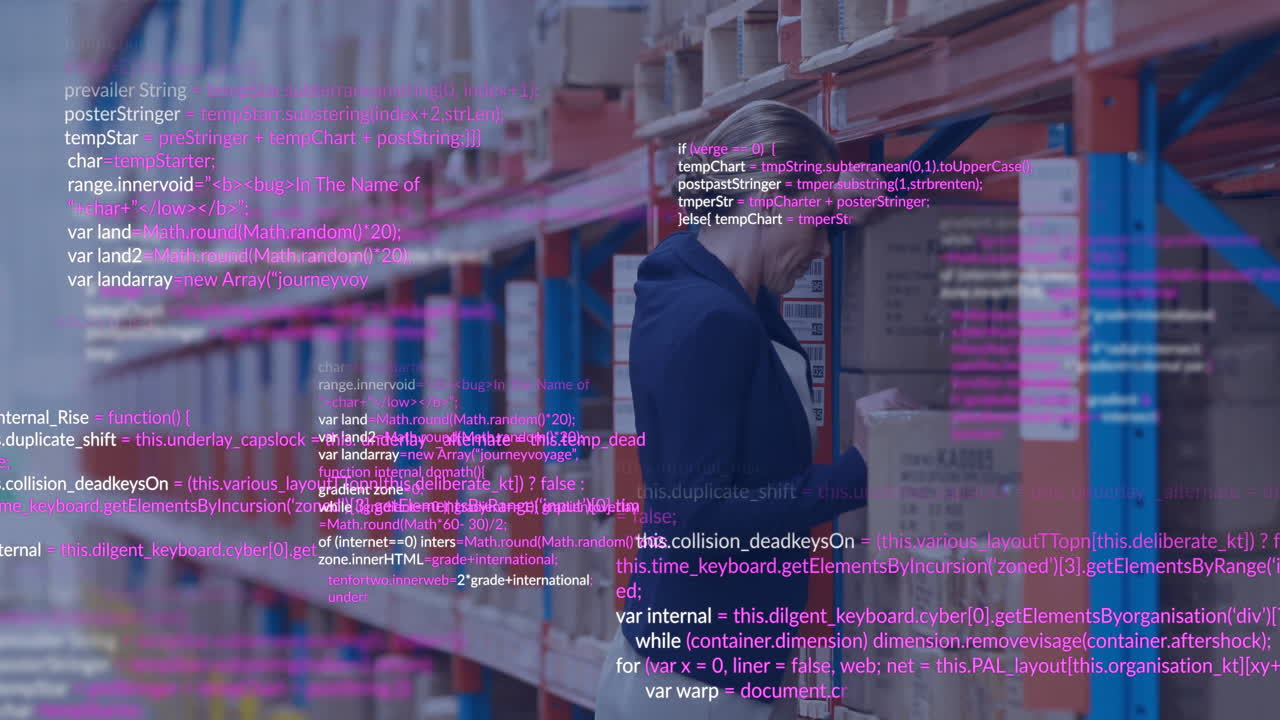 Organizing boxes, warehouse worker with pink code animation overlay, focused on task
