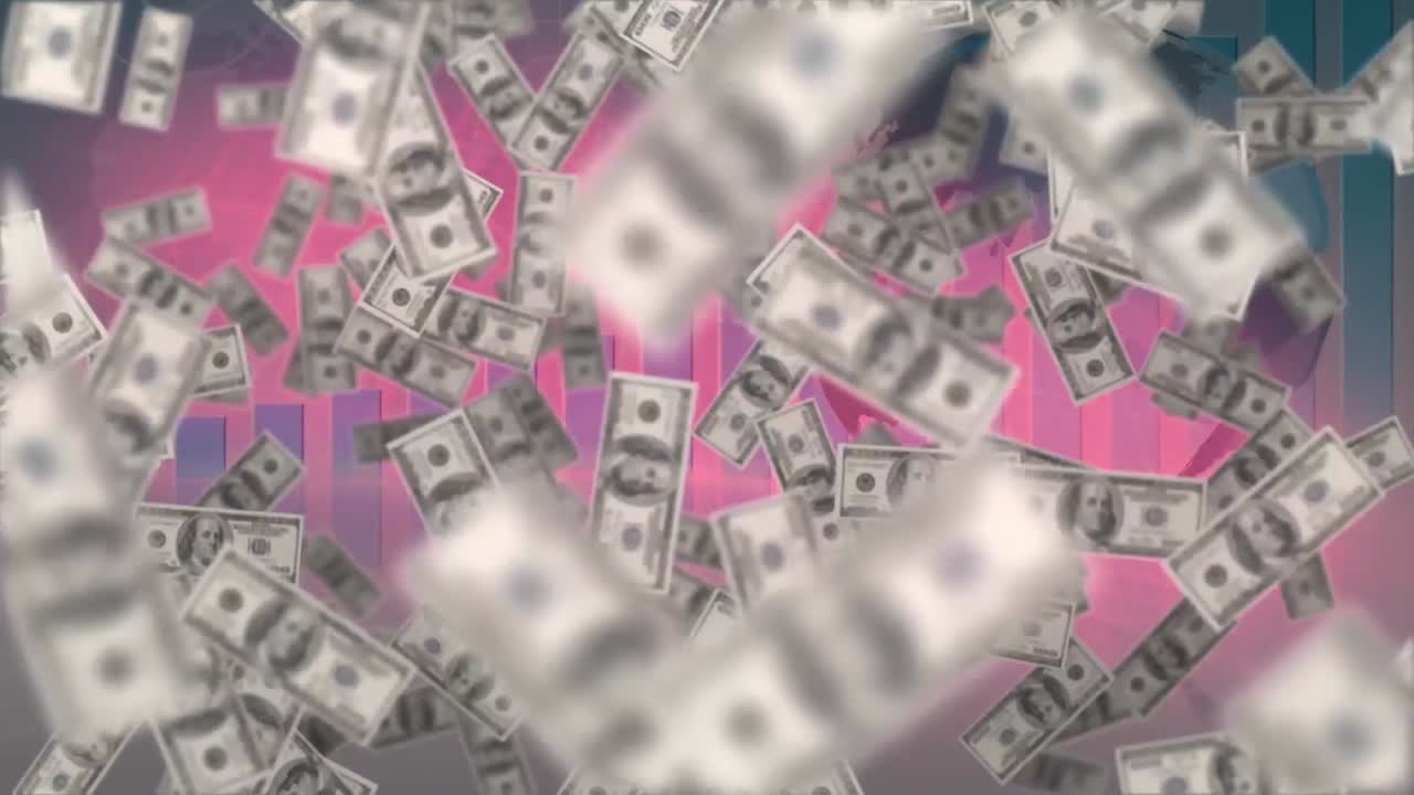 분홍색 배경에 그래프 위에 상승하는 달러 지폐의 애니메이션