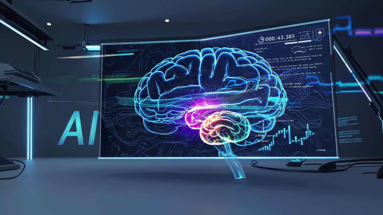 Futuristic AI Brain Hologram Displaying Data and Neural Activity