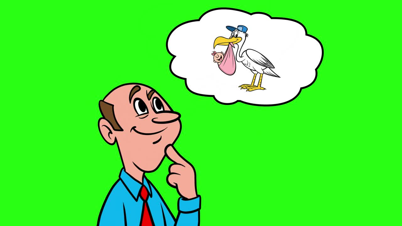 Man denkt na over babymeisje - 4k Animatie met Groene Achtergrond.