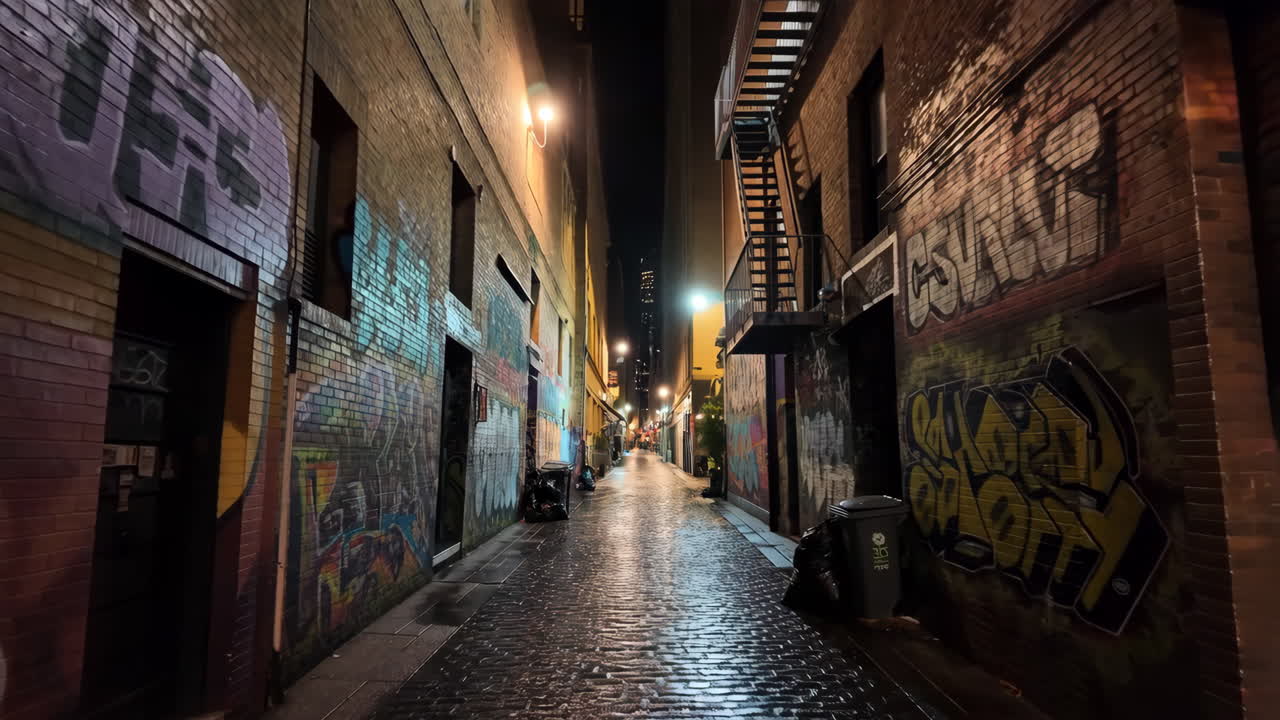 Night Alley with Colorful Graffiti and Reflections