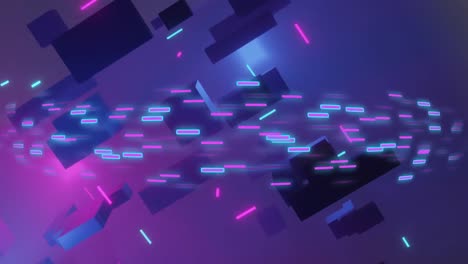 animation of 3d cubes with flying lights and purple background