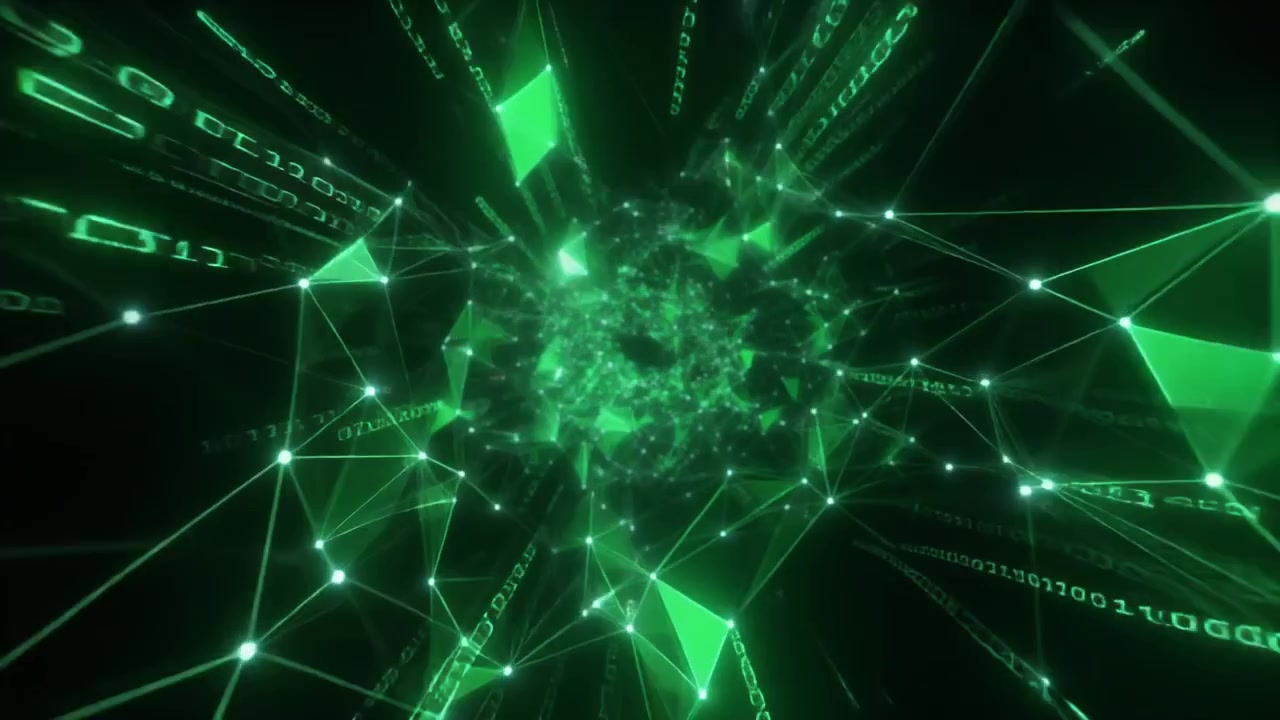 Digital Data Tunnel with Glowing Green Network Connections