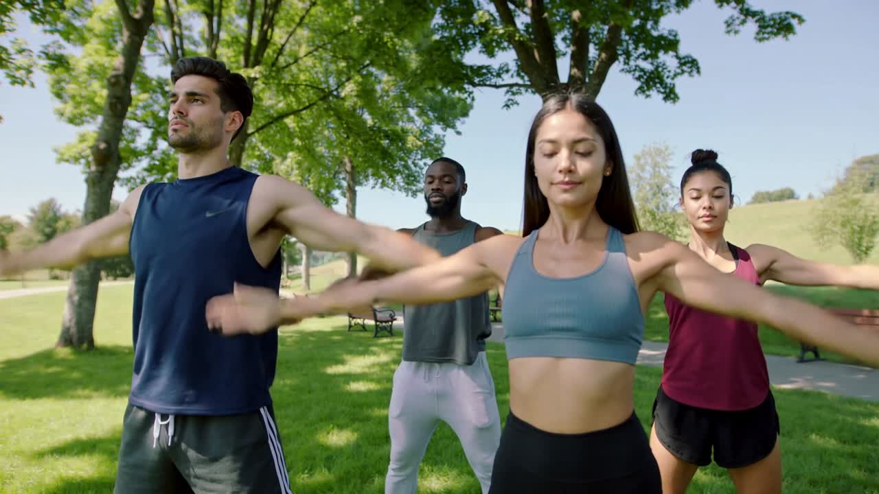 Mujer líder dando la pauta, guiando a un grupo de fitness que calienta desde elevaciones de brazos hasta flexiones hacia adelante bajo los árboles.
